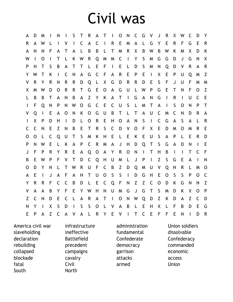 Civil was  Word Search