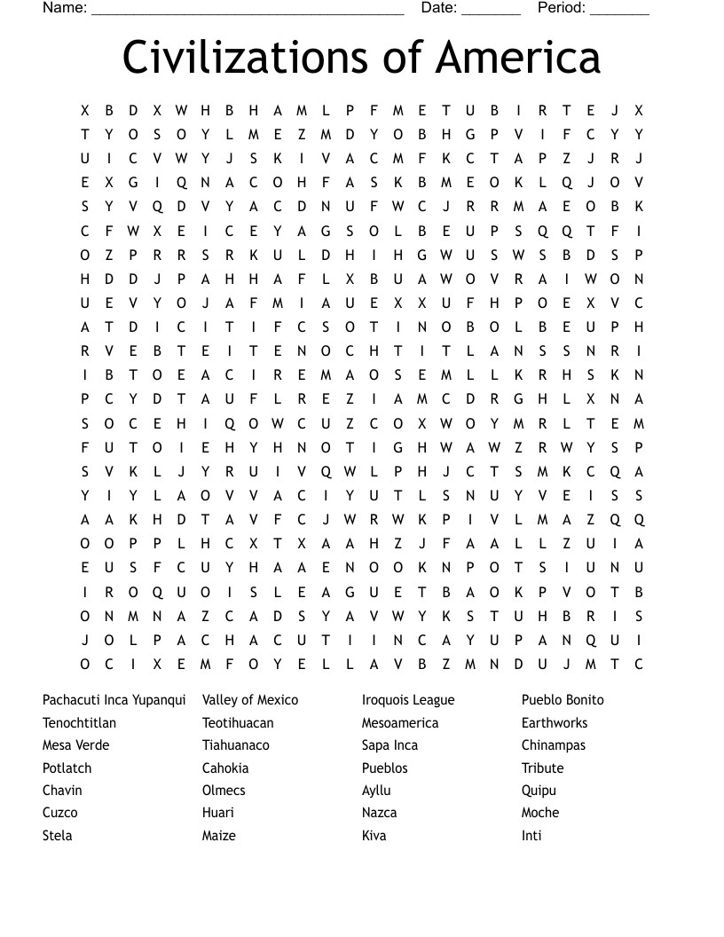 Civilizations of America  Word Search