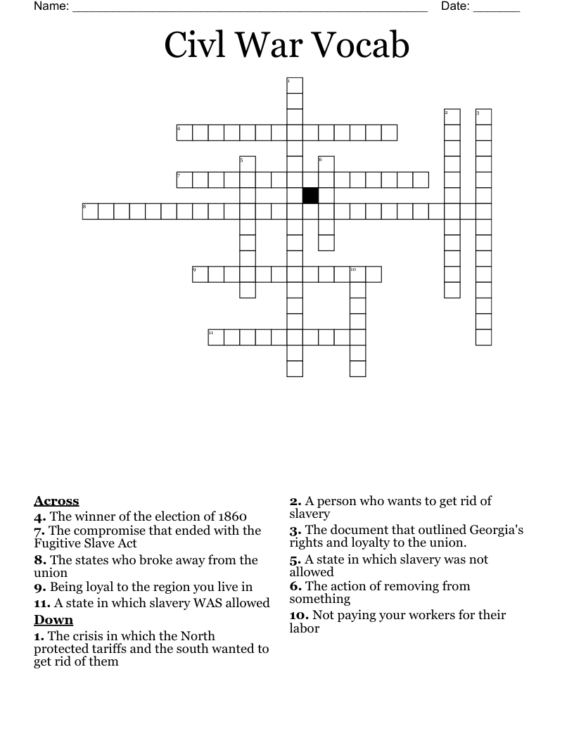 Civl War Vocab Crossword