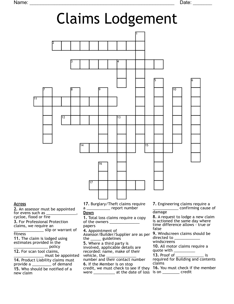 Claims Lodgement Crossword