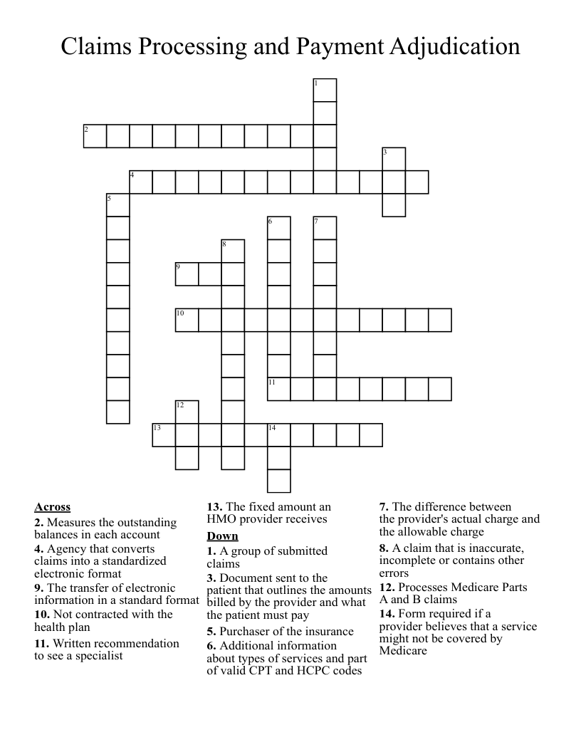 Claims Processing and Payment Adjudication Crossword
