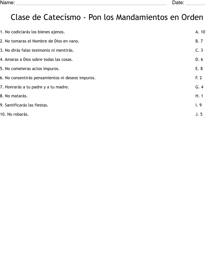 Clase de Catecísmo - Pon los Mandamientos en Orden Worksheet