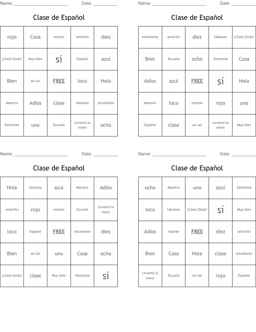 Clase de Español Bingo Cards