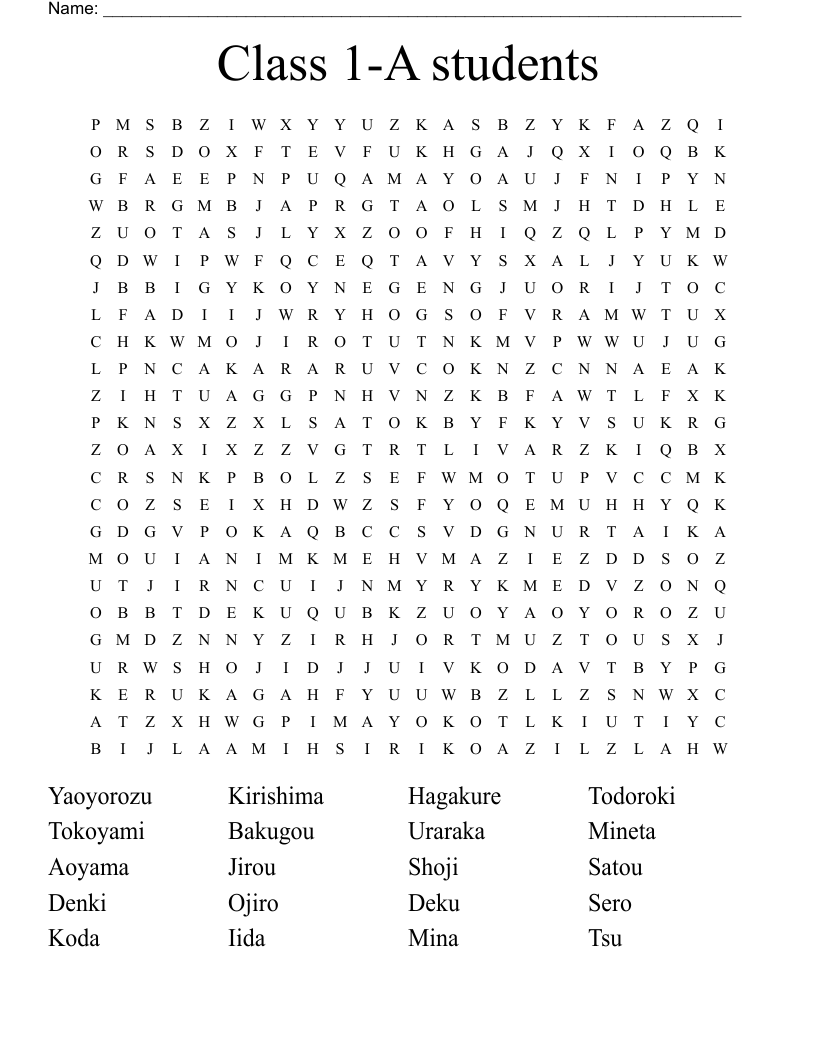 Class 1-A students Word Search