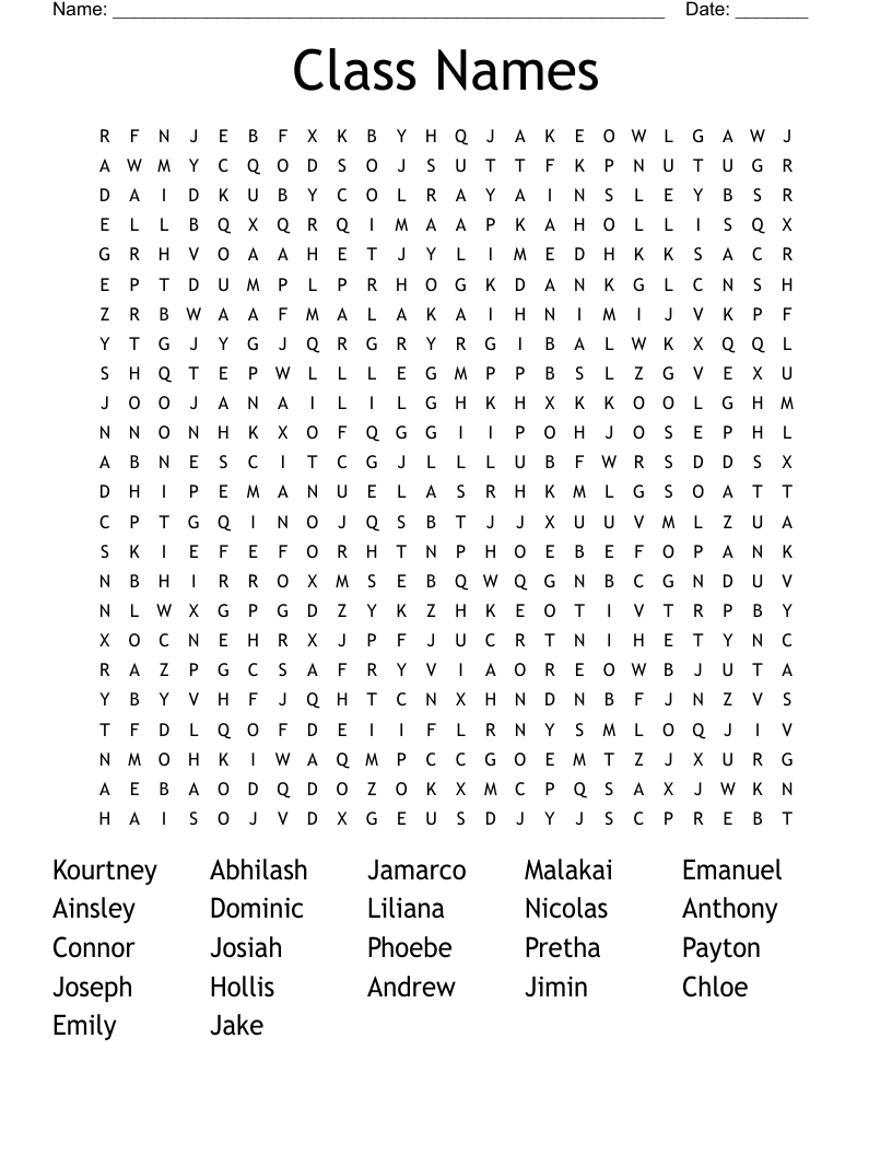 Class Names Word Search