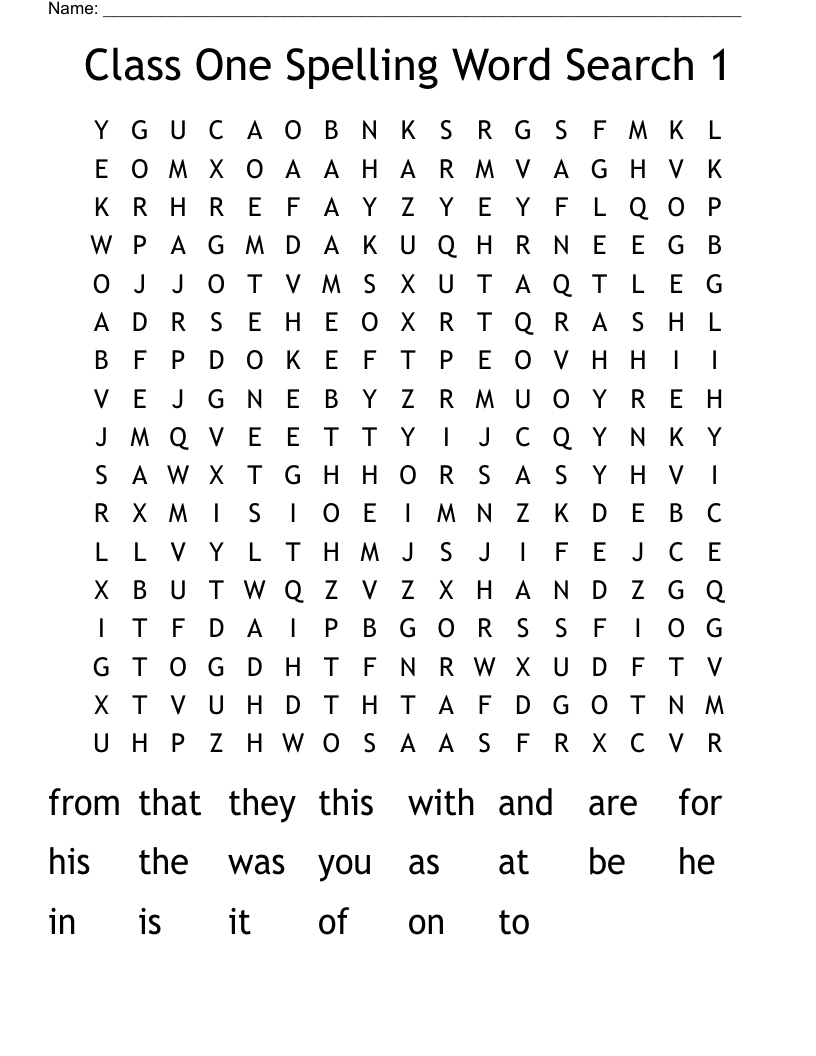 Class One Spelling Word Search 1
