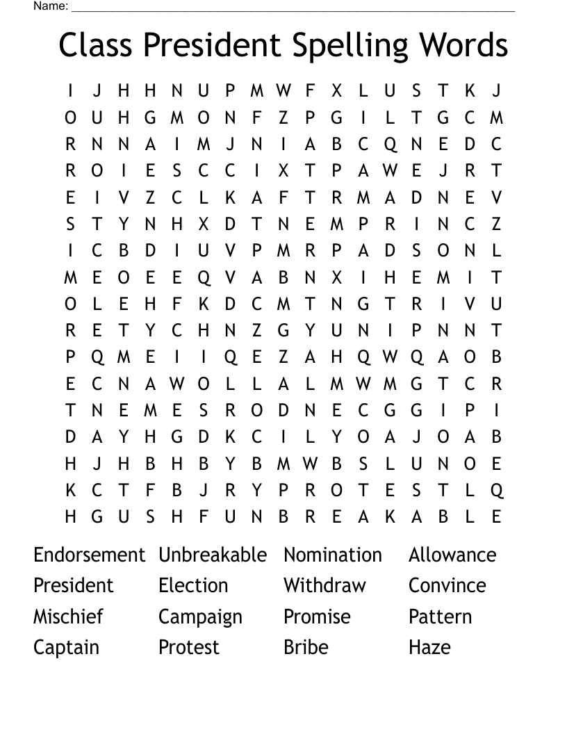 Class President Spelling Words Word Search