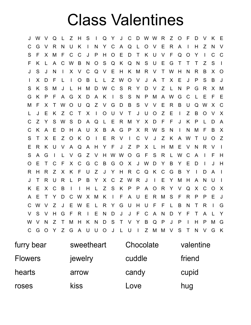 Class Valentines Word Search