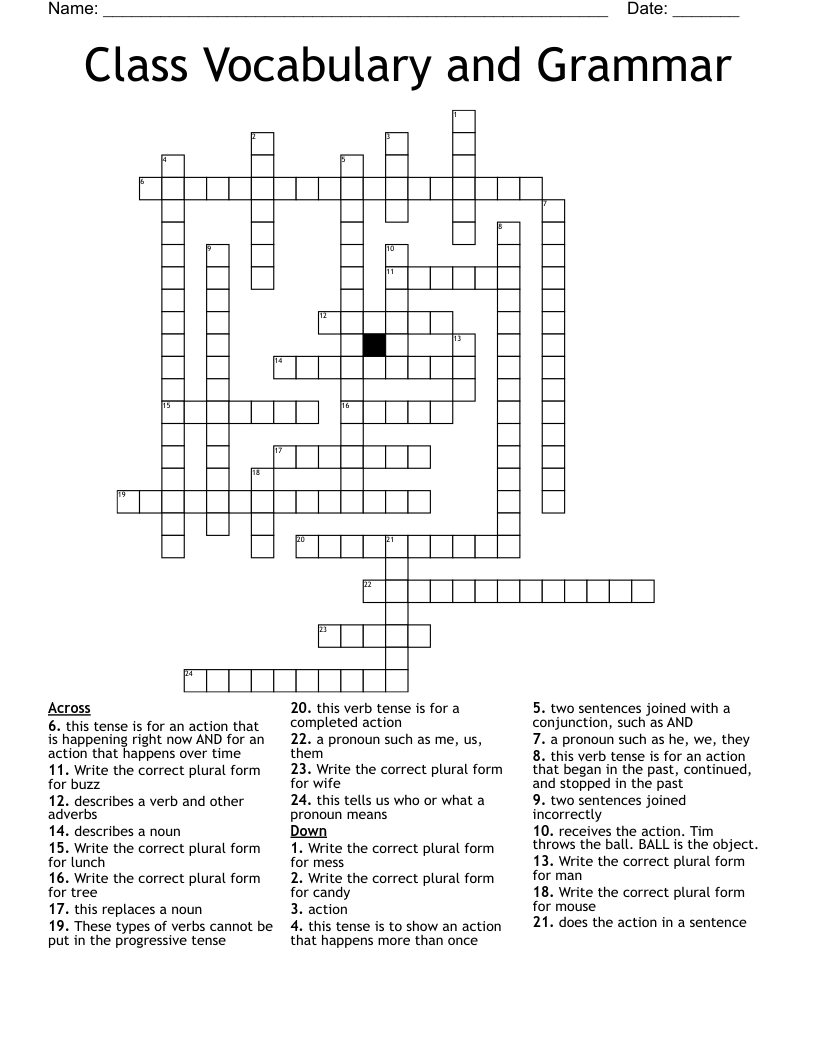 Class Vocabulary and Grammar Crossword