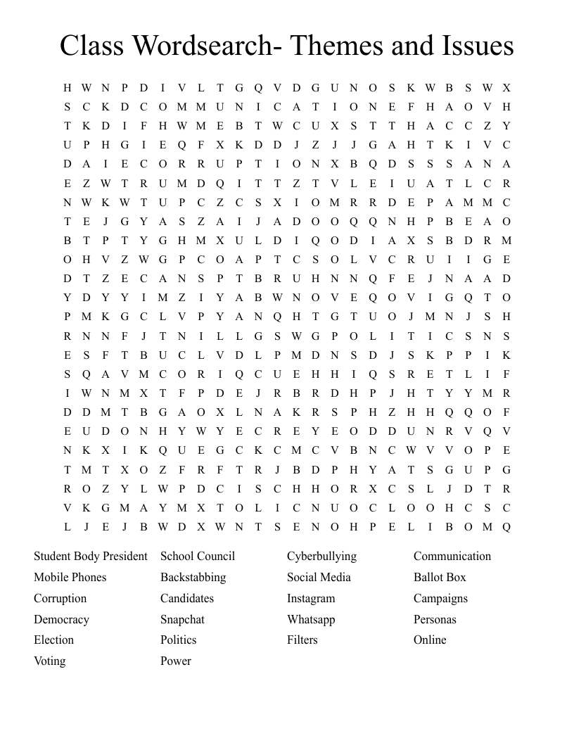 Class Wordsearch- Themes and Issues