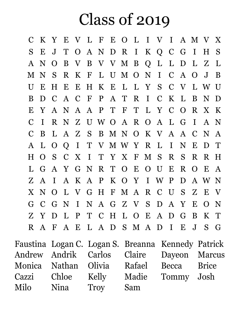Class of 2019 Word Search