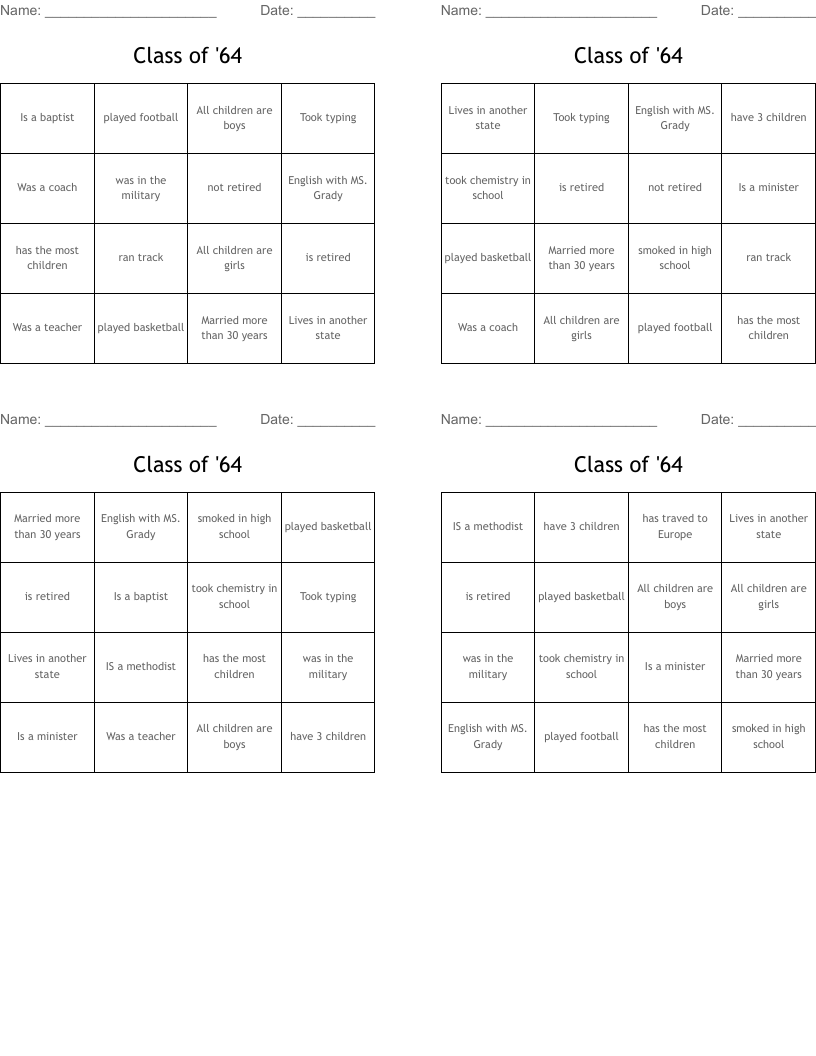 Class of '64 Bingo Cards