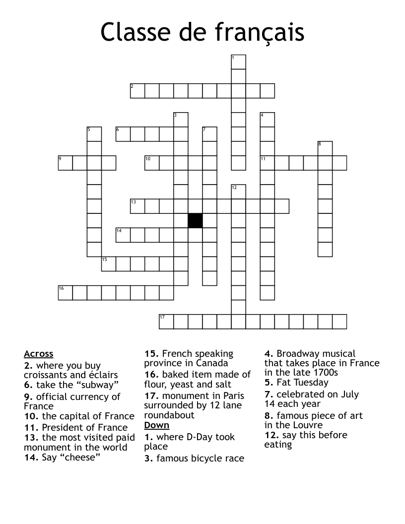 Classe de français Crossword