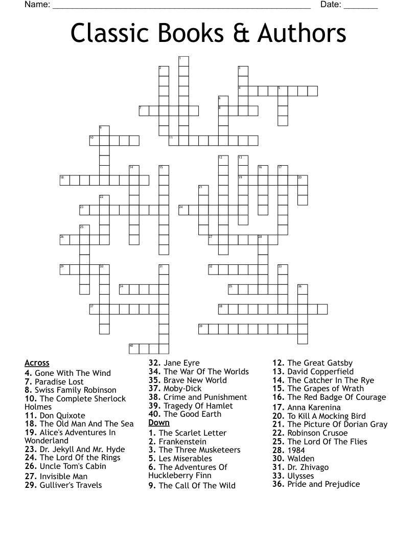 Classic Books & Authors Crossword
