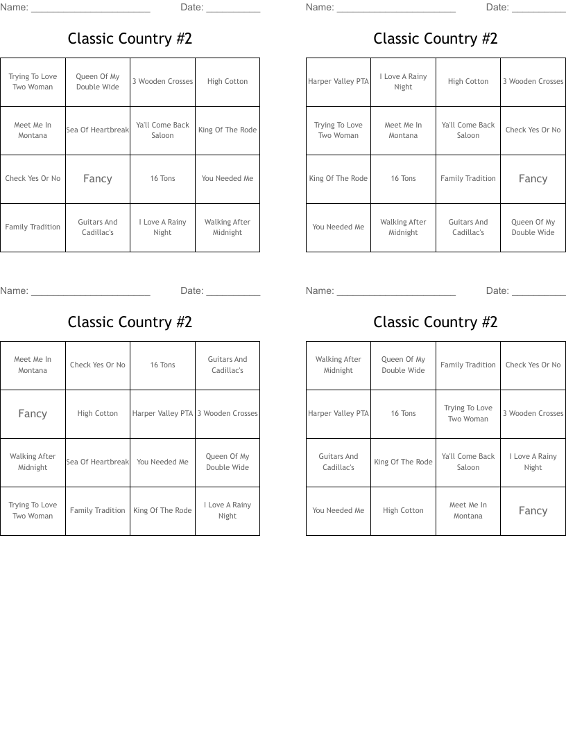 Classic Country #2 Bingo Cards