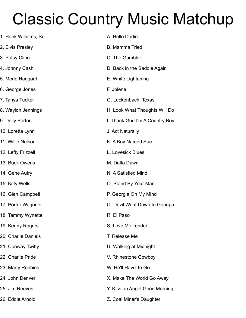 Classic Country Music Matchup Worksheet