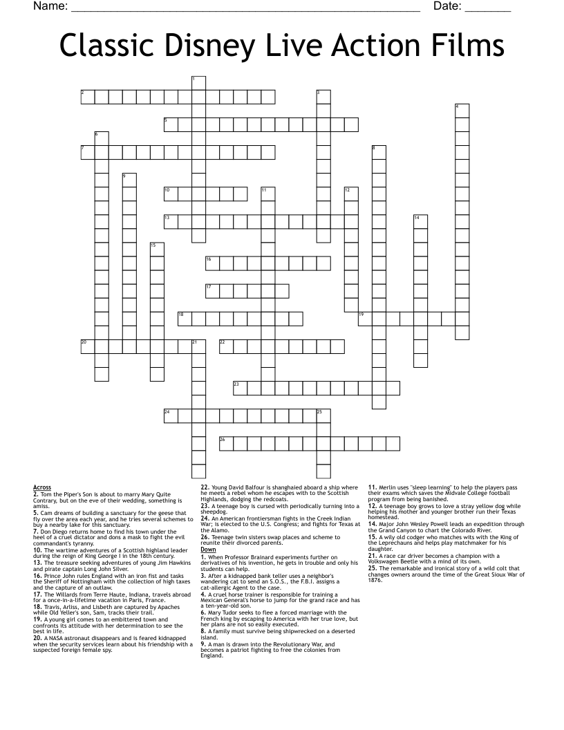 Classic Disney Live Action Films Crossword