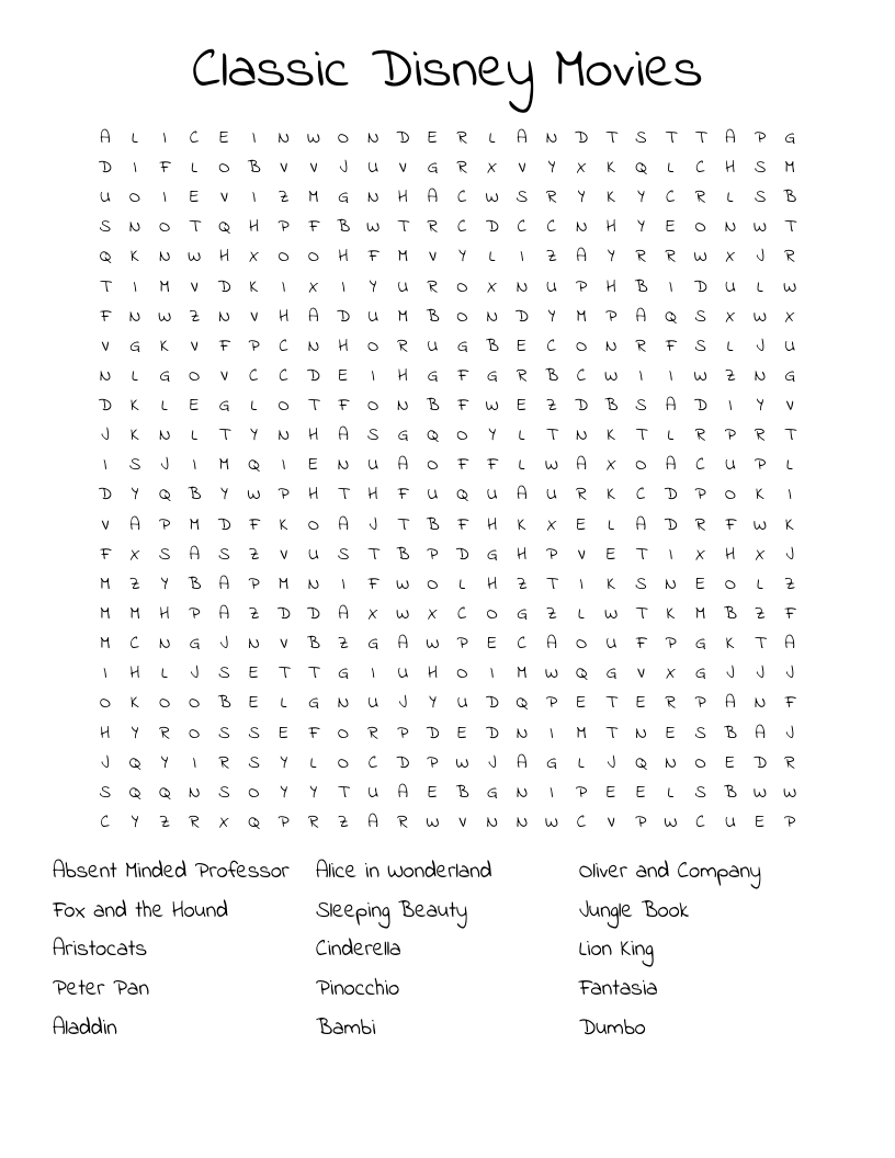 Classic Disney Movies Word Search
