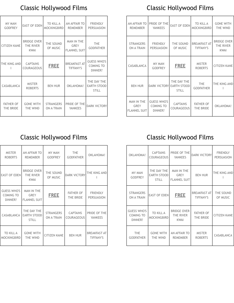 Classic Hollywood Films Bingo Cards
