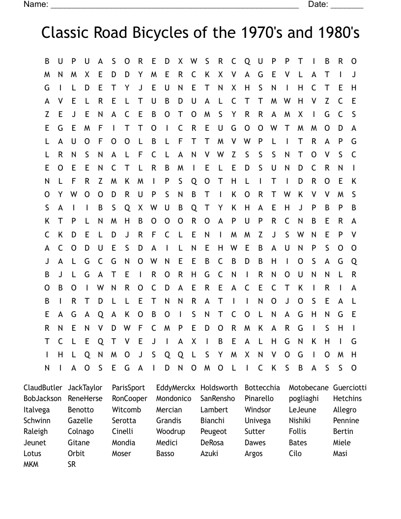 Classic Road Bicycles of the 1970's and 1980's Word Search