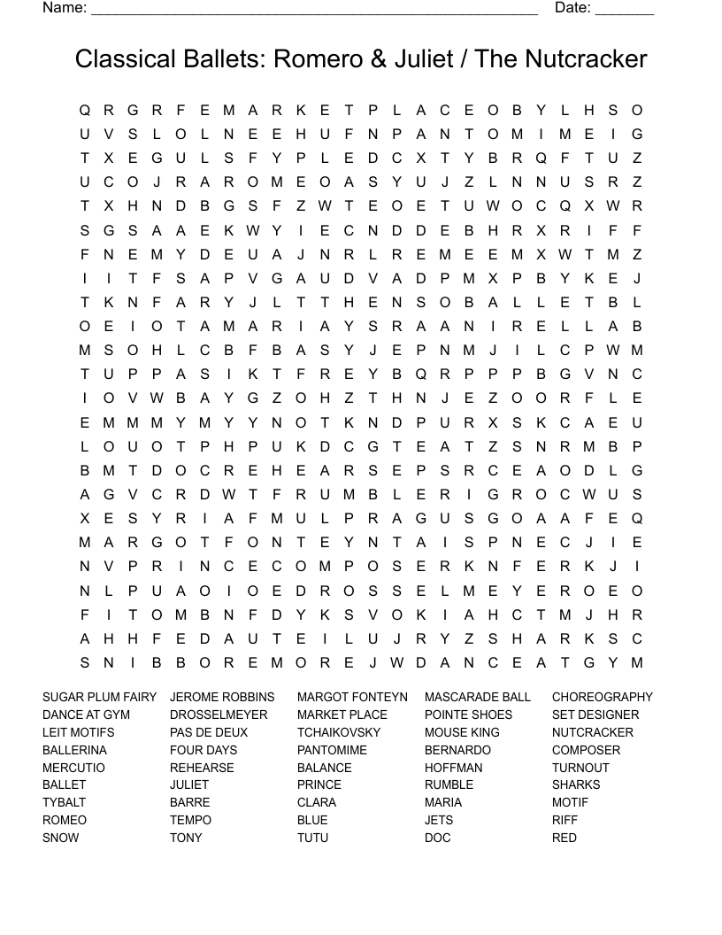 Classical Ballets: Romero & Juliet / The Nutcracker Word Search