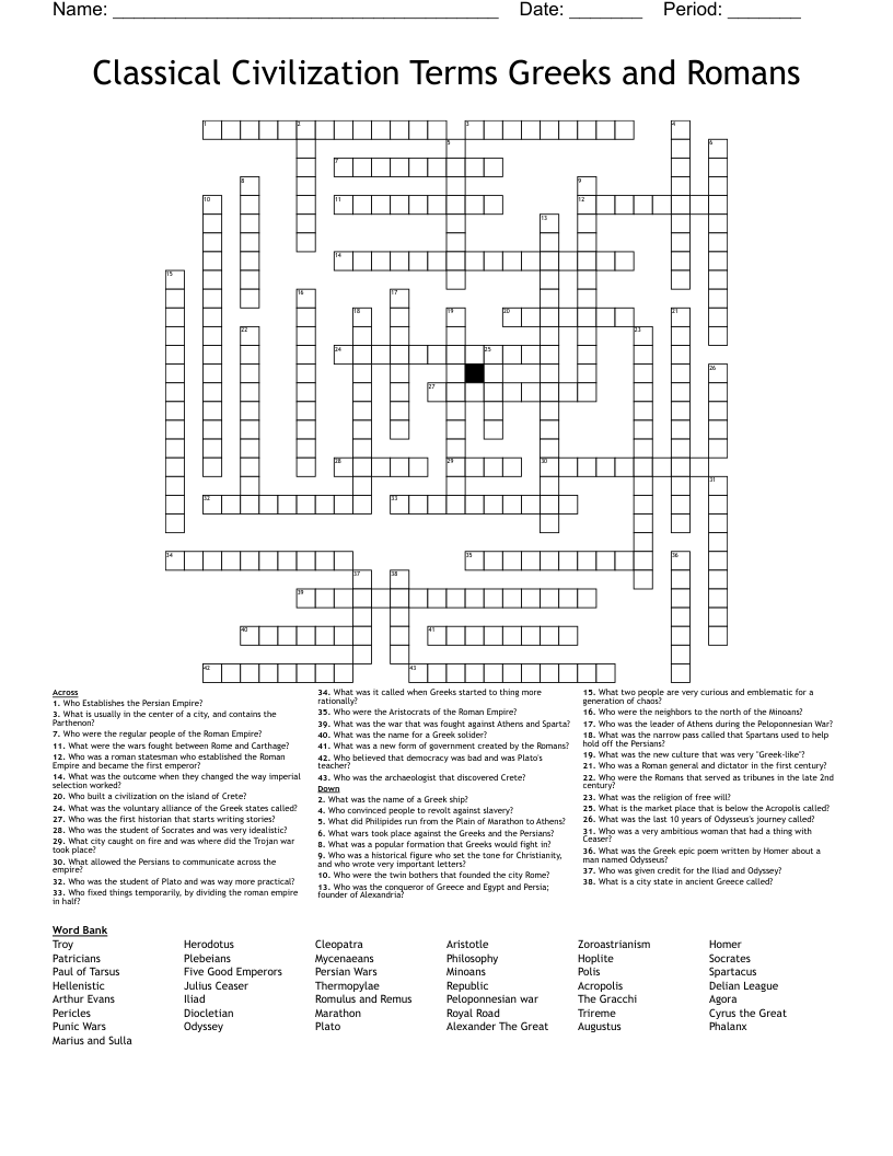 Classical Civilization Terms Greeks and Romans Crossword