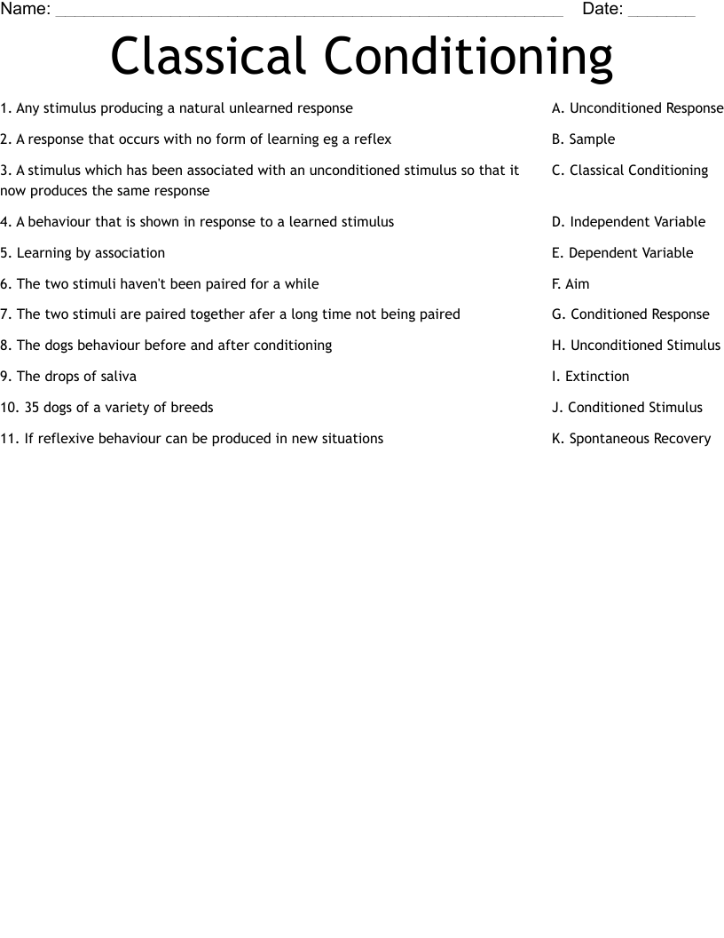 Classical Conditioning Worksheet