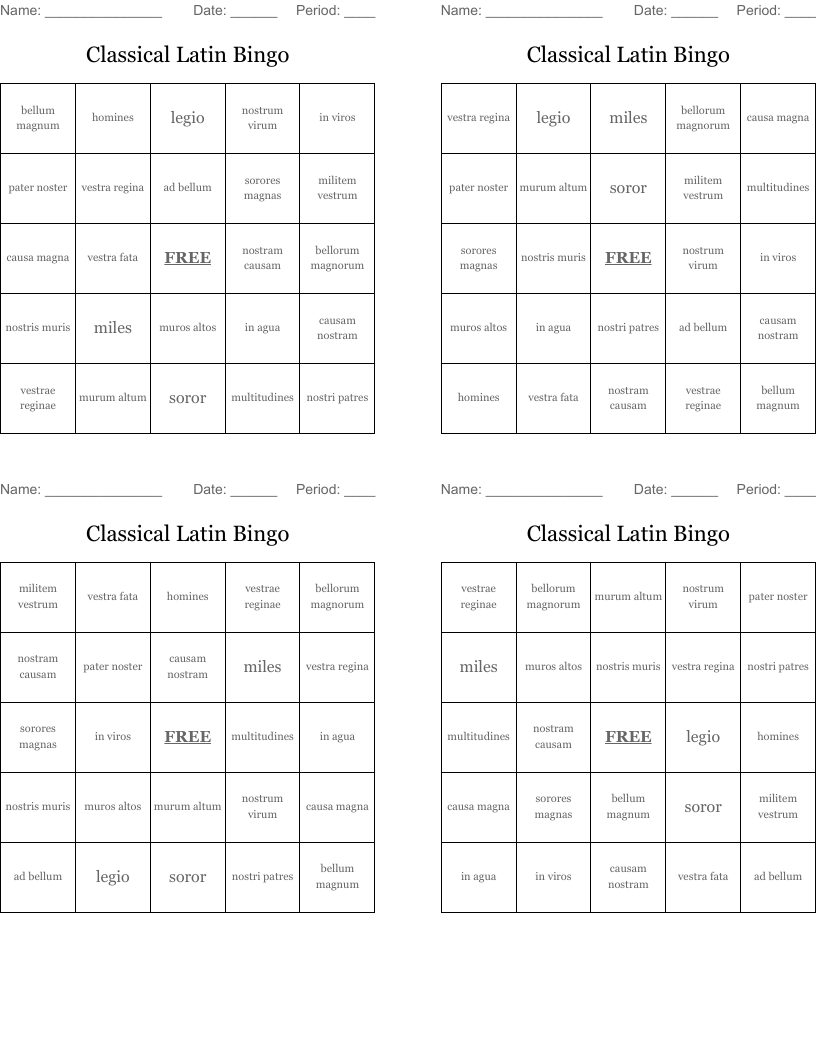 Classical Latin Bingo