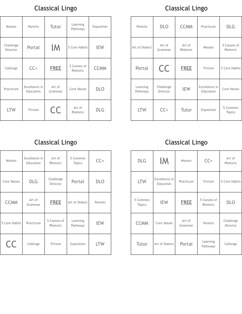 Classical Lingo Bingo Cards