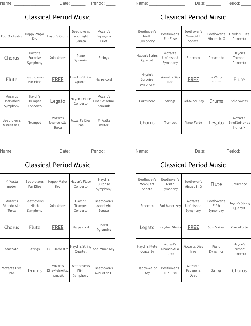 Classical Period Music Bingo Cards