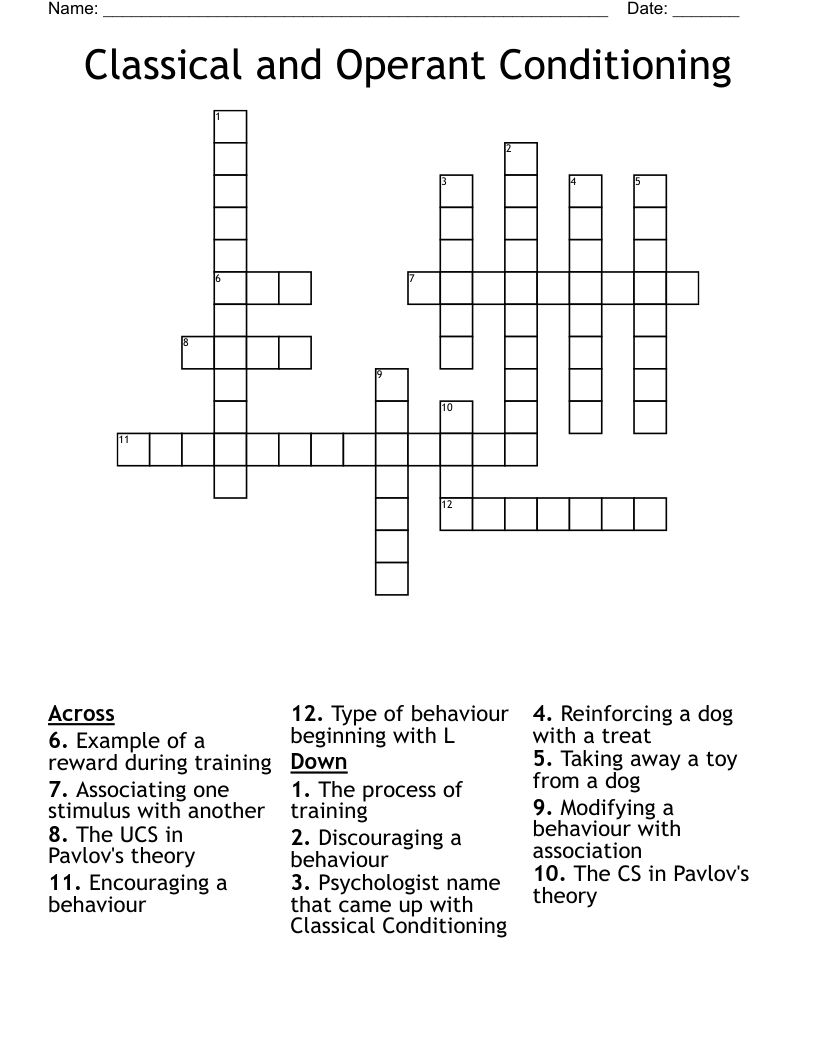 Classical and Operant Conditioning Crossword