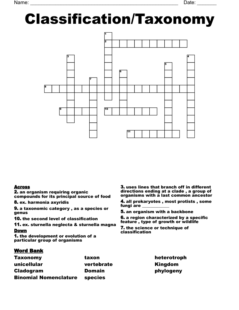 Classification/Taxonomy Crossword