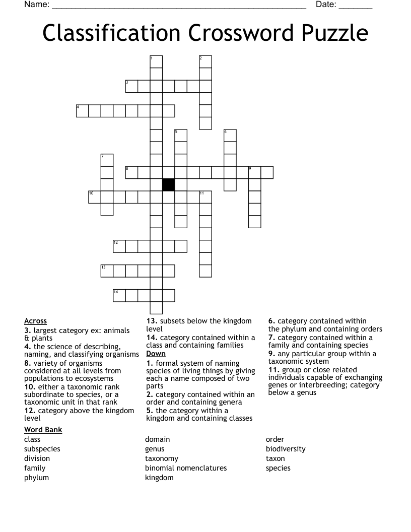 Classification Crossword Puzzle
