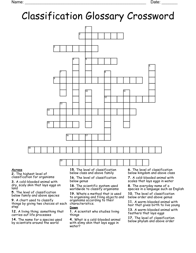Classification Glossary Crossword 