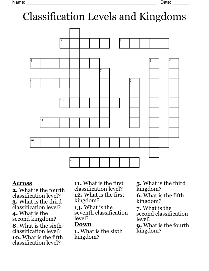 Classification Levels and  Kingdoms Crossword