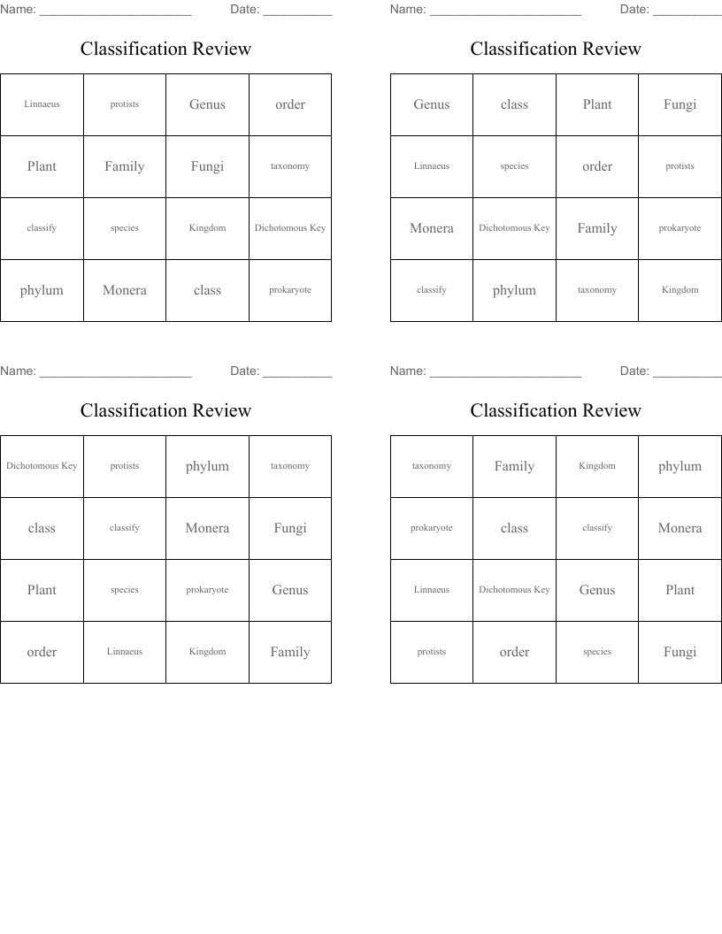 Classification Review Bingo Cards