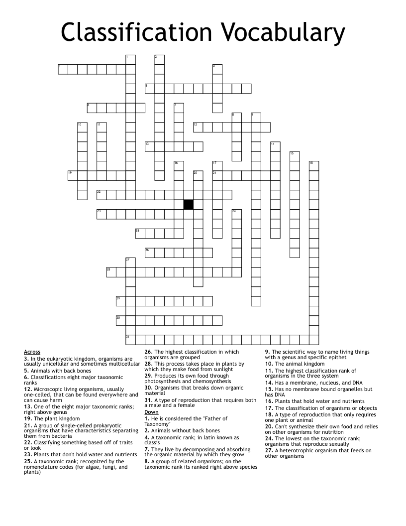 Classification Vocabulary Crossword