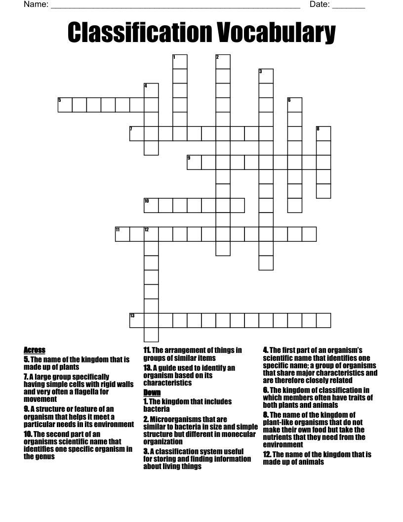 Classification Vocabulary Crossword