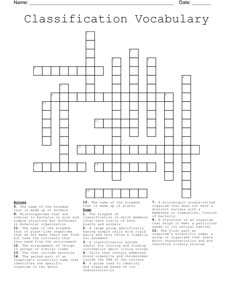 Classification Vocabulary Crossword