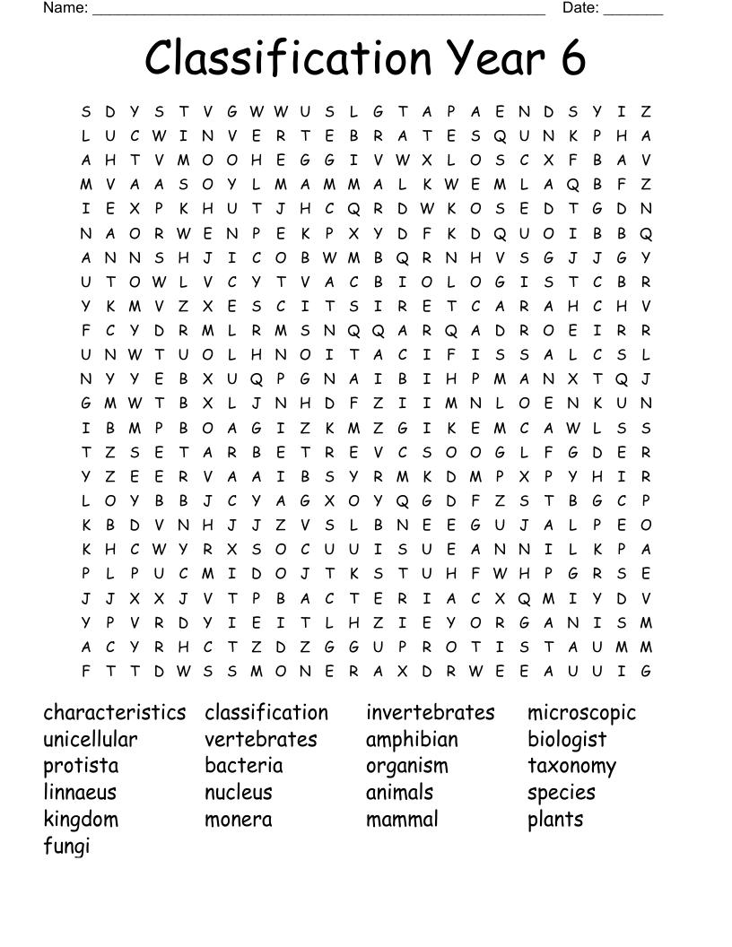 Classification Year 6 Word Search