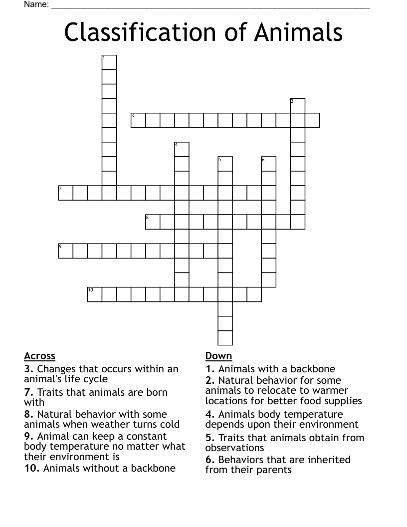 Classification of Animals Crossword