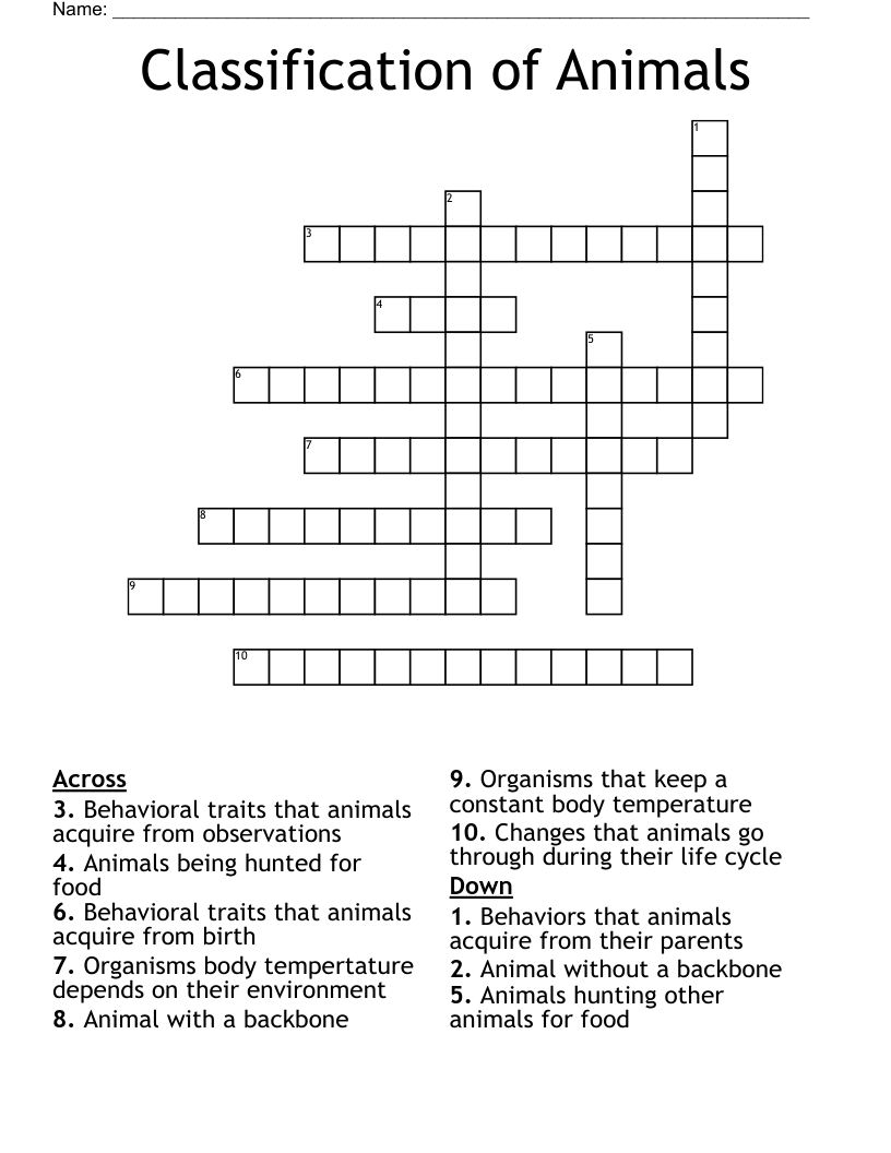 Classification of Animals Crossword