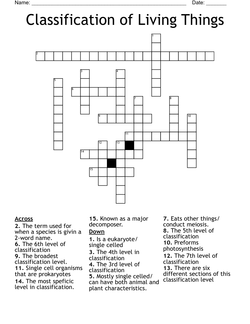 Classification of Living Things Crossword