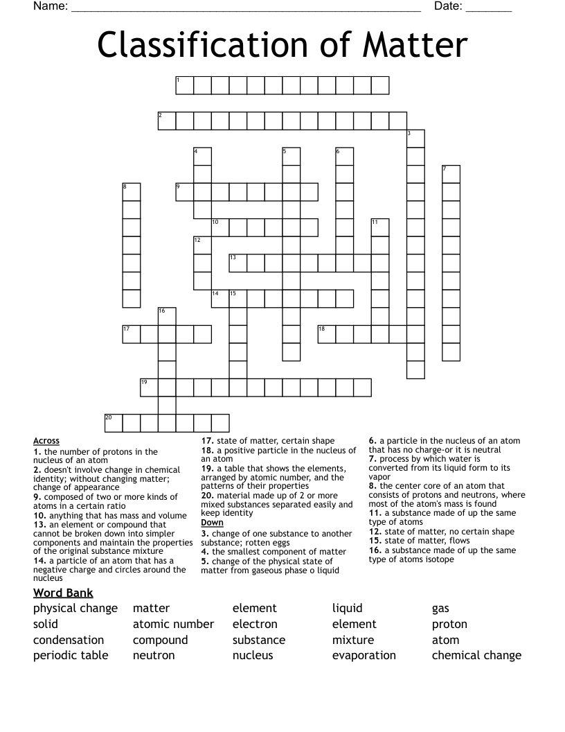 Classification of Matter Crossword