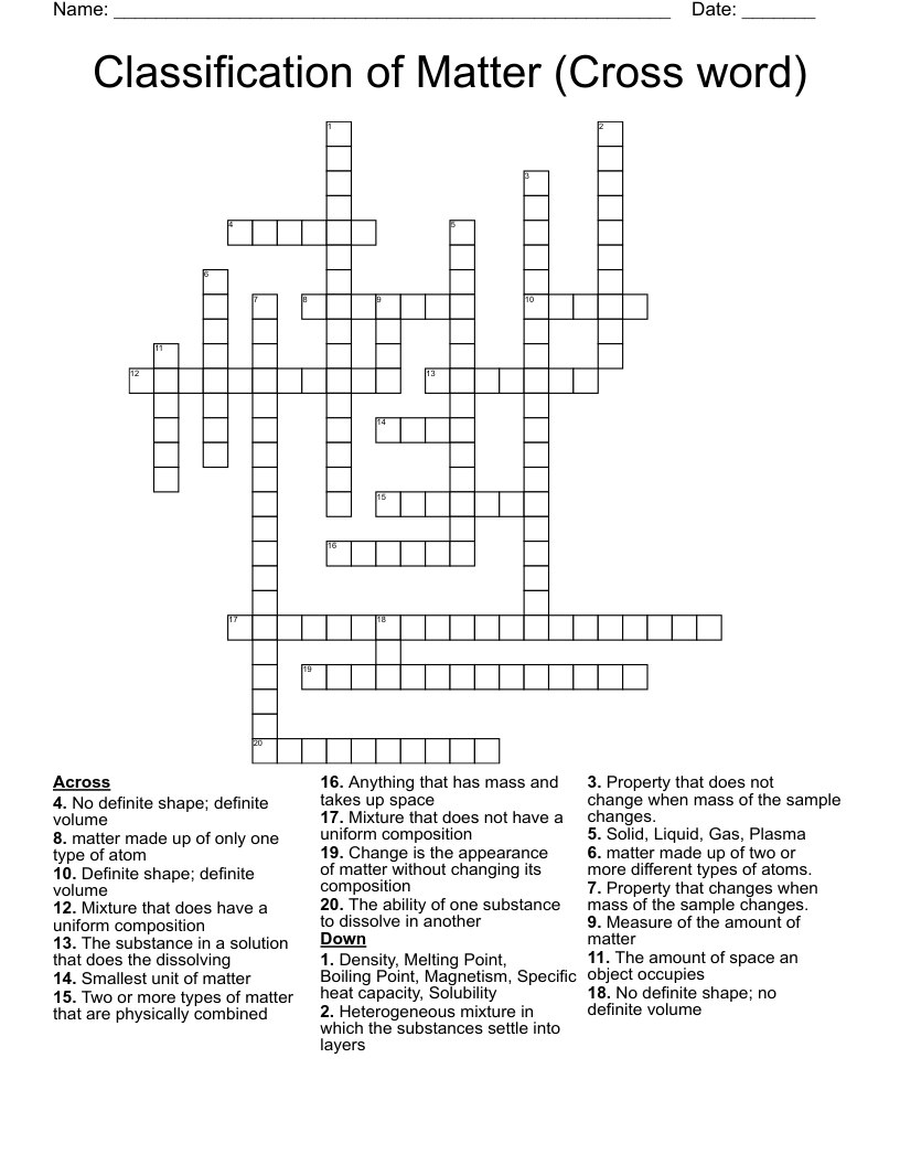 Classification of Matter (Cross word)