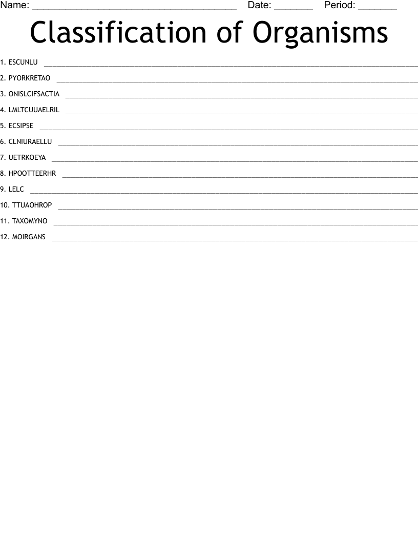 Classification of Organisms Word Scramble