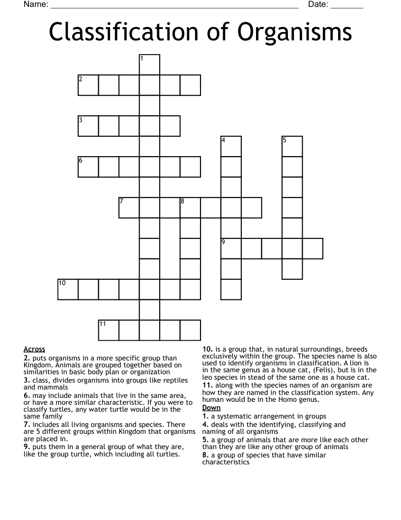 Classification of Organisms Crossword