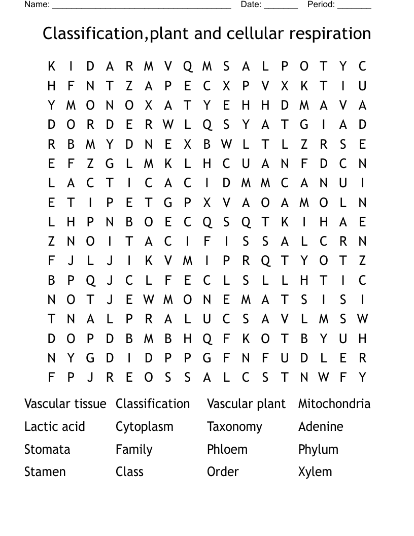 Classification,plant and cellular respiration Word Search