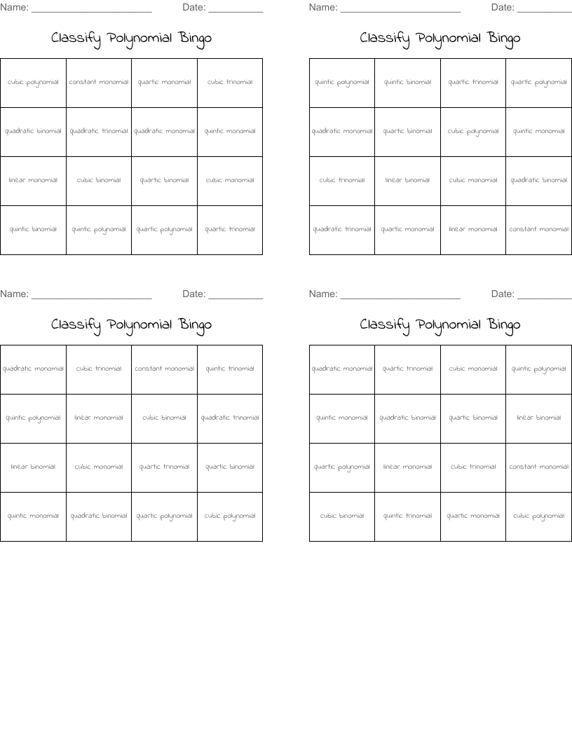 Classify Polynomial Bingo