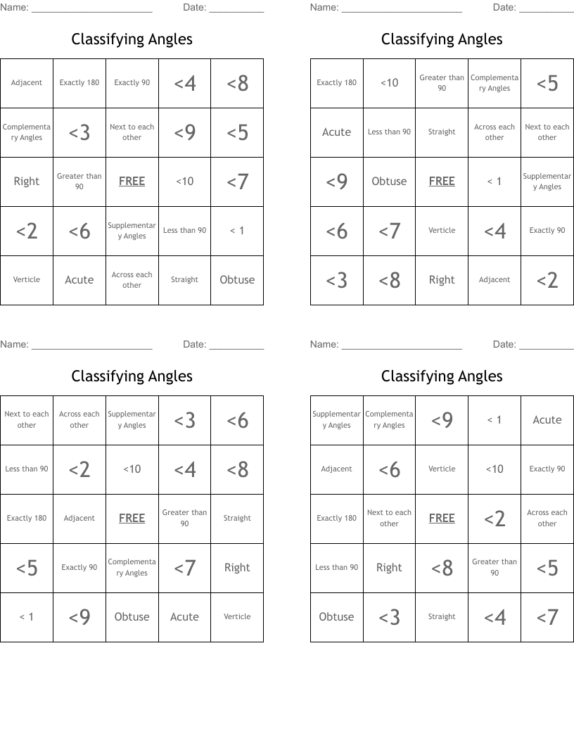 Classifying Angles  Bingo Cards